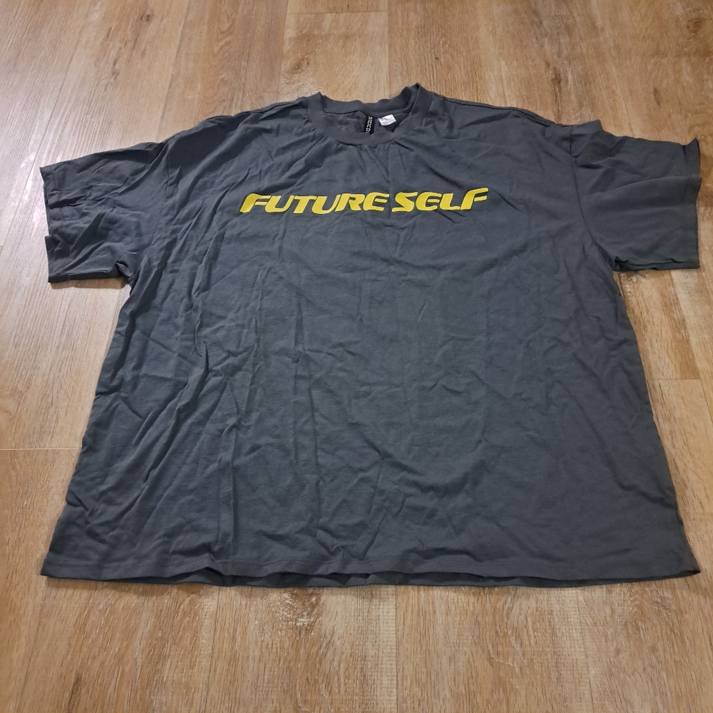 Divided H&M Gray T-Shirt Yellow 'Future Self' Lettering Men's Size XL